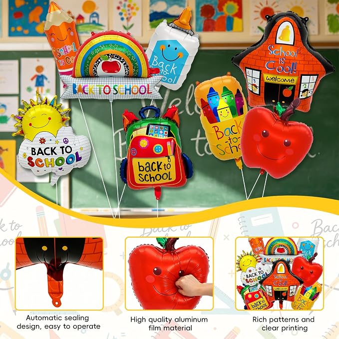 8PCS Back to School Balloons Set, Apple School Backpack Pencil Rainbow Crayon Correction Fluid Bottle Sun Balloons, Classroom Decorations for First Day of School Welcome Party Supplies