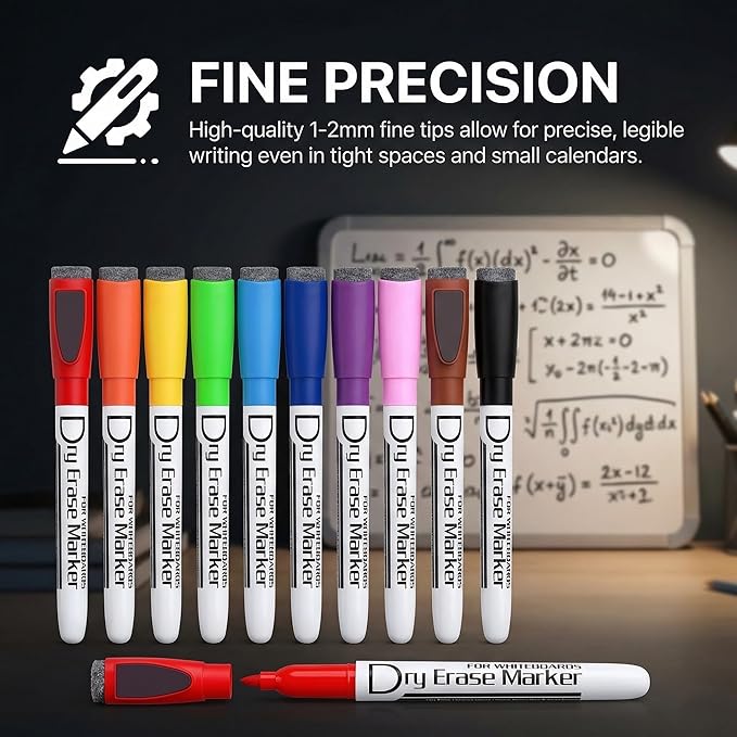 Volcanics Magnetic Dry Erase Markers With Eraser Fine Tip Low Odor Thin Whiteboard Markers for Small White Board Markers Dry Erase Pack of 24,10 Colors