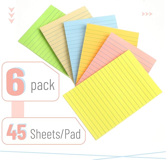 Mr. Pen- Lined Sticky Notes, 4" x 6", 6 Pads, 45 Sheets/Pad, Pastel Color, Sticky Notes with Lines, Ruled Post Stickies, Memo Pads, Self-Stick Note Pad for Office, School, Home, Study & Organization