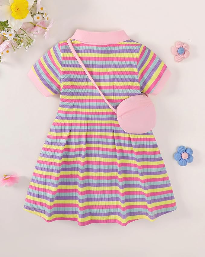 Renotemy Infant Baby Girl Dress Toddler Girls Summer Clothes School Outfits Cotton Short Sleeve Polo Dresses with Bag 12M-5T