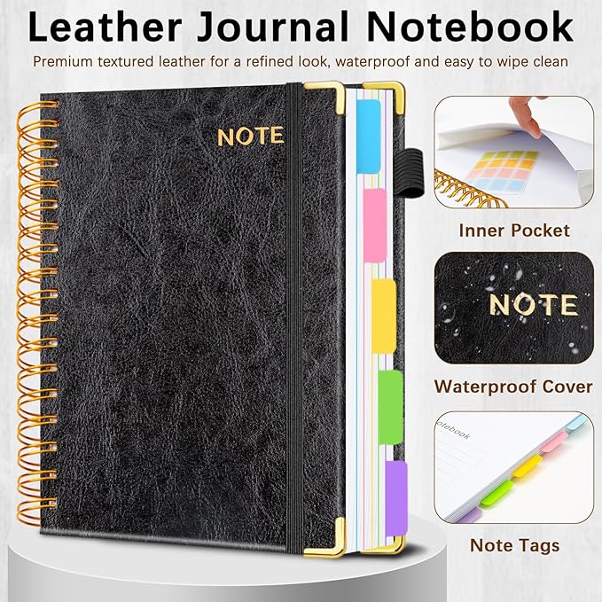 Hardcover Spiral Notebooks for Work 8.5''x 11'', 300 Pages 5 Subject Notebook with Dividers & Tabs, A4 Spiral Journal for Women, College Ruled Notebooks for School Note-Taking (Black)