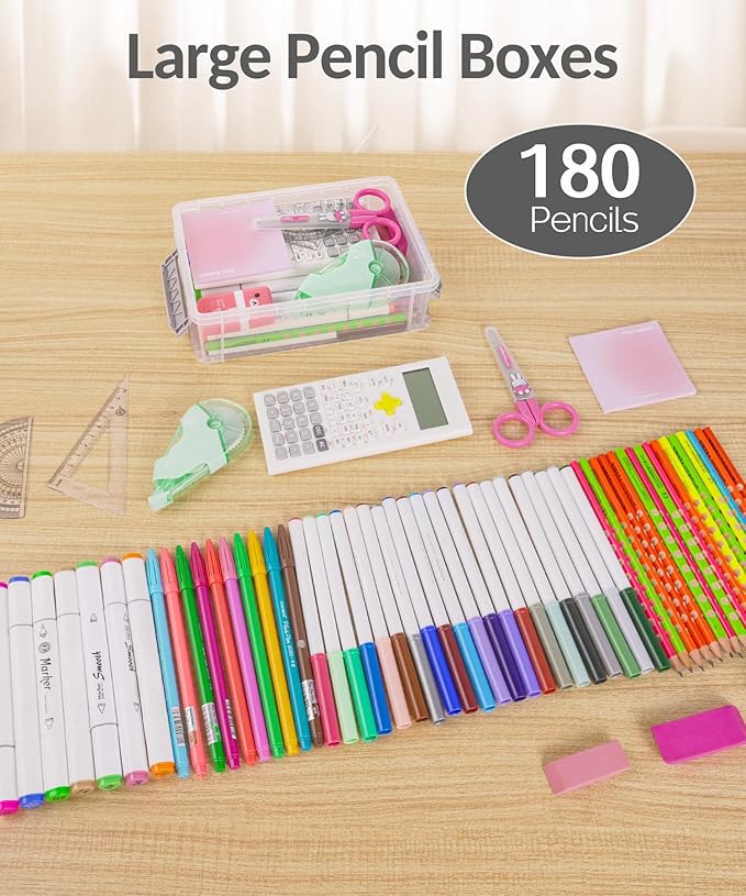 Sooez 6 Pack Extra Large Pencil Box, Plastic Pencil Case Crayon Box Bulk, Clear Marker Organizer Plastic Containers with Lid, Stackable Storage Boxes for Craft, Pen, Art, School Supply, Blue