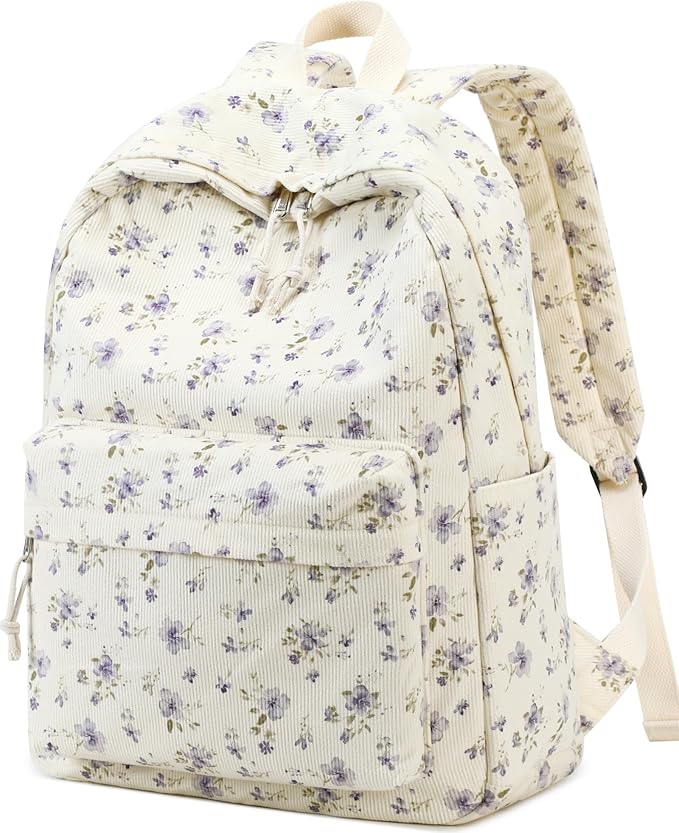 BTOOP School Backpack for Girls Teens Large Corduroy Bookbag Lightweight 15.6 inch Laptop Bag for Women Casual High School College (Purple Floral)