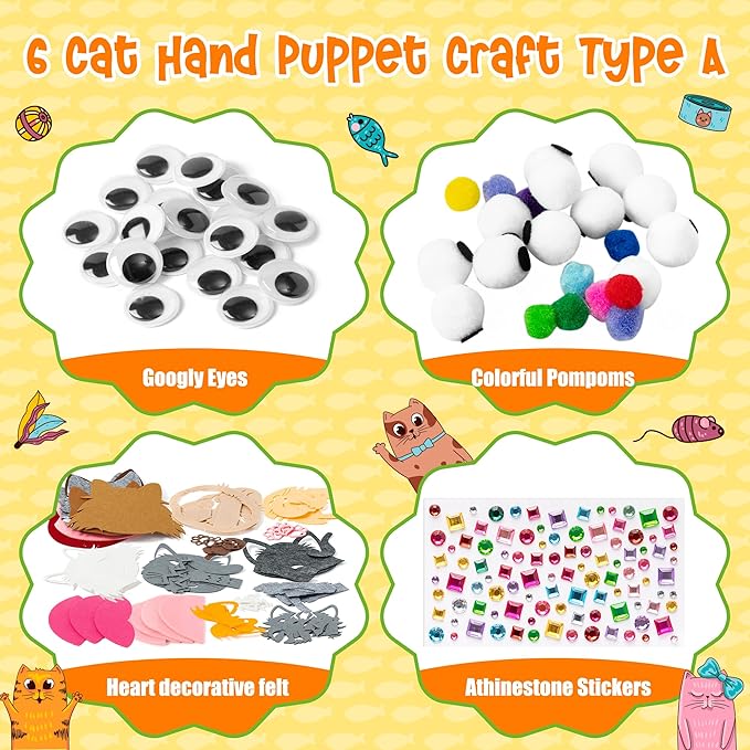 WATINC 6Pcs Hand Puppet Making Kit, Art Craft Felt Sock Puppet Toys, Creative DIY Make Your Own Pompoms Wiggle Googly Eyes Storytelling Role Play Party Supplies Gift for Girls Boys (Cat A)
