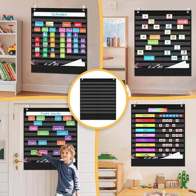 AKAYOK Daily Schedule Pocket Chart - Clear 19 Pocket Chart for Classroom with 22 Reusable Dry-Erase Cards | Perfect for Flash Cards/Sentence Strips/Cleaning Schedule and Checklist/Calendar Cards