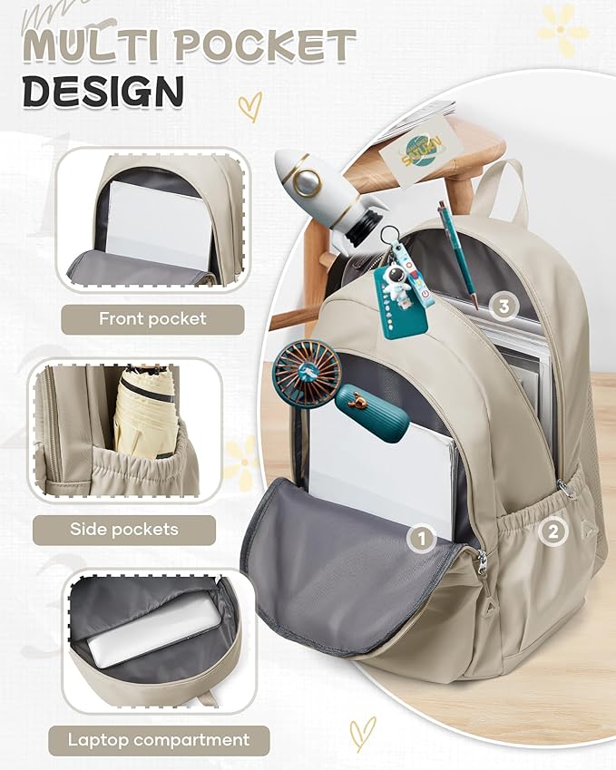 BJLFS Khaki School Backpack for Girls Women Waterproof High School Book Bag Cute Backpack for Men Teens Boys, Lightweight Simple Middle School Back Pack Daypack