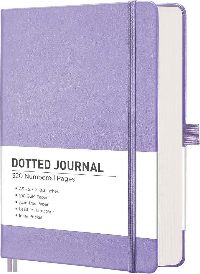 RETTACY Dotted Journal Notebook, 320 Numbered Pages, A5 Medium Size (5.7'' × 8.3''), Leather Hardcover, 100 GSM Thick Paper, for Journaling, Planning, Tracking (Purple)