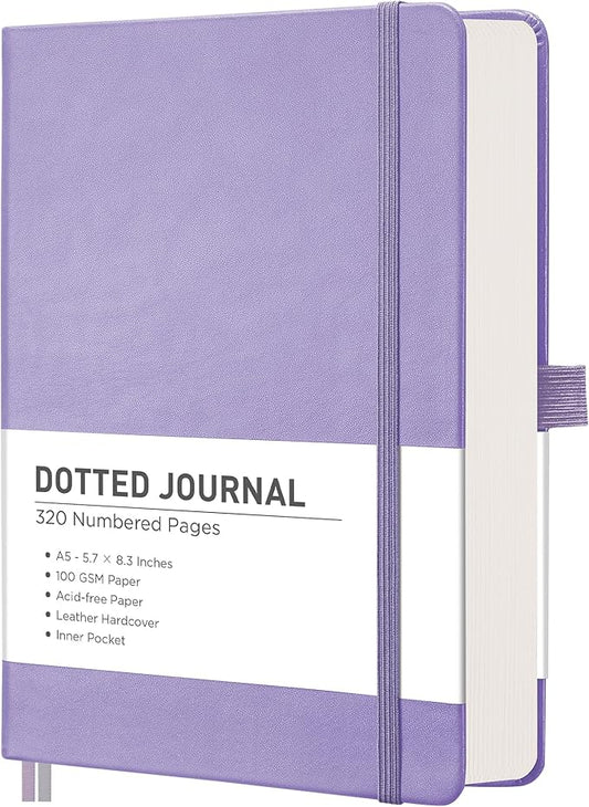 RETTACY Dotted Journal Notebook, 320 Numbered Pages, A5 Medium Size (5.7'' × 8.3''), Leather Hardcover, 100 GSM Thick Paper, for Journaling, Planning, Tracking (Purple)