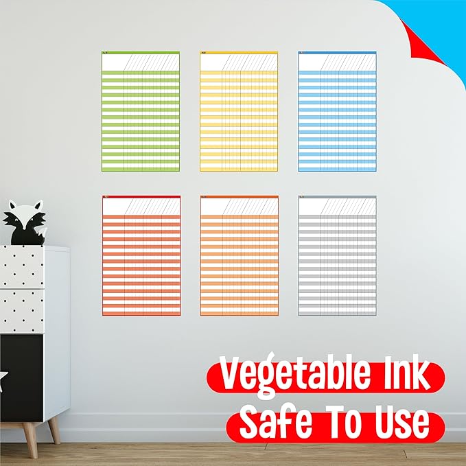 6 Pack Dry Erase Incentive Chart, 6 Multi-Color Tracking Chart for Chore/Responsibility/School Attendance/Homework Progress Tracking, 27 Rows X 15 Columns (11" x 17")