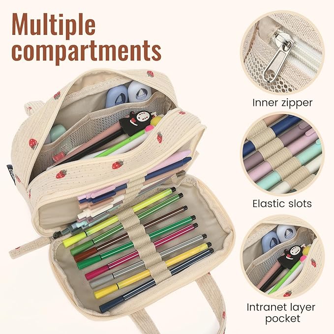Large Pencil Case Pouch, Extra Big Pencil Bags with Zipper, Cute Corduroy Pencil Pouch with 5 Compartments, Pen Bag Wide Opening, Pencil Pouch Organizer, Pencil Box for Teen Girls Adults