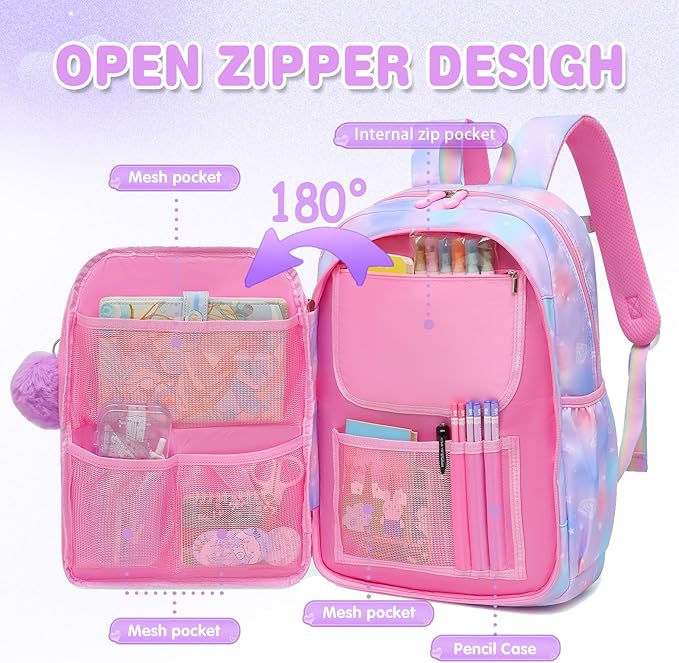 Alrisg Girls Backpack for Kids Elementary Middle School Cute Student Bookbag School Bag Purple