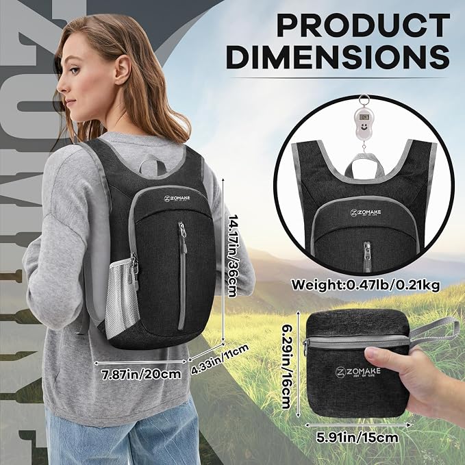 ZOMAKE 10L Ultra Lightweight Packable Backpack, Small Daypack Light Foldable Backpacks Water Resistant Day Bag for Hiking(Black) | Water Resistant Collapsible Backpacks for Women Men, Everyday Carry, Multi Compartment Storage, Adjustable Strap(Black A1)