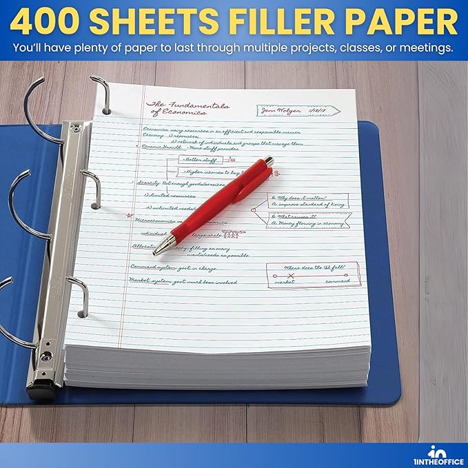 1InTheOffice Loose Leaf Paper College Ruled, Filler Paper, Notebook Paper College Ruled, 8" x 11", 3-Hole Punched, 400 Sheets