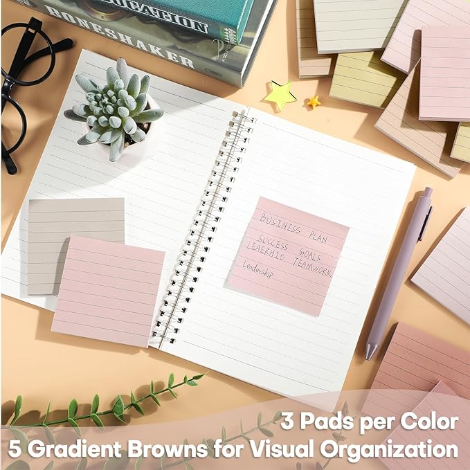 Wiooffen 15 Pads Brown Color Sticky Notes with Lined 3x3 inch Ruled Self Stick Notes Pads Boho Super Sticking Power Memo Pad Vintage Colors Post Note for Office School Meeting Home 40 Sheets/pad 3x3in