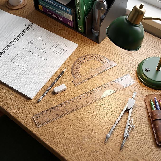 7 Pcs Geometry Ruler Protractor and Compass Set, Math Ruler Kit with 1 Metal Compass, Precision Drawing Tools for Drafting Architect Engineering