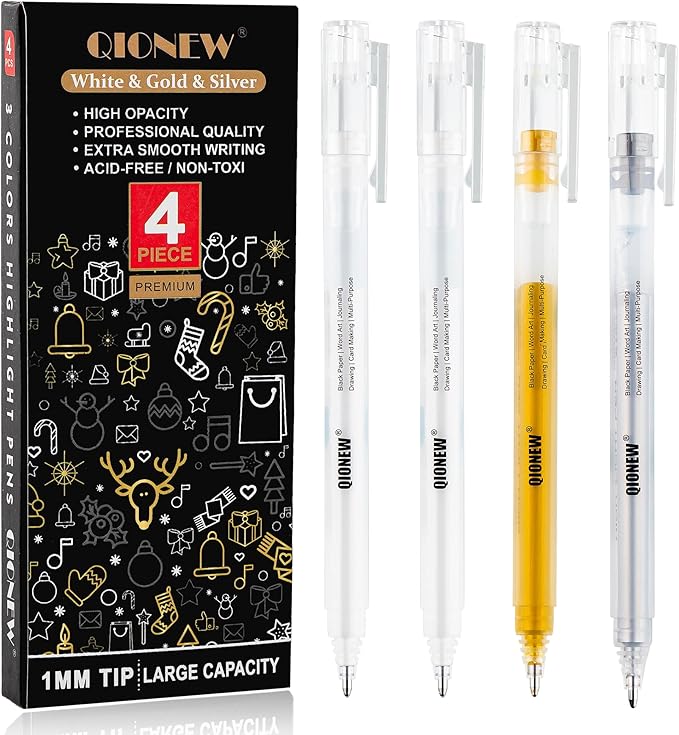Qionew Gold Silver White Gel Pens, 3 Pack, 1mm Gel Ink Pen, Opaque Ink, Gel Pen for Artists, for Black Paper Drawing, Holiday Crafts, Illustration, Card Making, Bullet Journaling