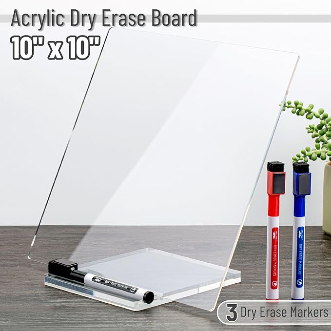 Mr. Pen- Clear Acrylic Dry Erase Board with Stand, 10x10 Inches, Reusable Desk Whiteboard with 3 Markers, Portable Dry Erase Board for Notes and Reminders, Desk Whiteboard for Office, School and Home