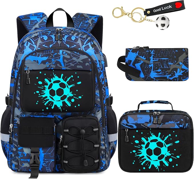 School Backpack for Boys - 4pcs Gamer Boys Backpack with Lunch Box Set for Kids Teens Elementary Middle High School,18″ Large Capacity Students Bookbag with Usb Charging Port & Key-chain