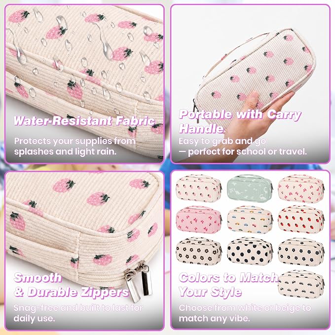 Big Capacity Pencil case,Soft Corduroy Pencil Bag,Cute Pen Case with Handle,5 Compartments, Wide Opening Pen Pouch Organizer for Teen Girls Women (Pink Strawberry)