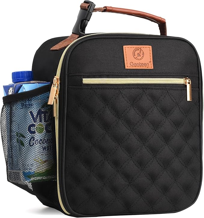 Genteen Lunch Box Reusable Lunch Bag for Men Women Kids Adults,Insulated Lunch Bag Waterproof Lunch Boxes Cooler,Small LunchBox With Side Pockets for Work Office School Travel Picnic-Black