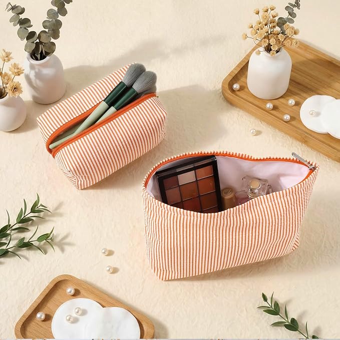 Huhumy 2 Pcs Makeup Bag Set for Women, Orange, Thin Striped Seersucker | Cute Cosmetic Pouch Women Travel Toiletry Bag Preppy Small Makeup Purse Pouch Aesthetic Skincare Brushes Storage Organizer