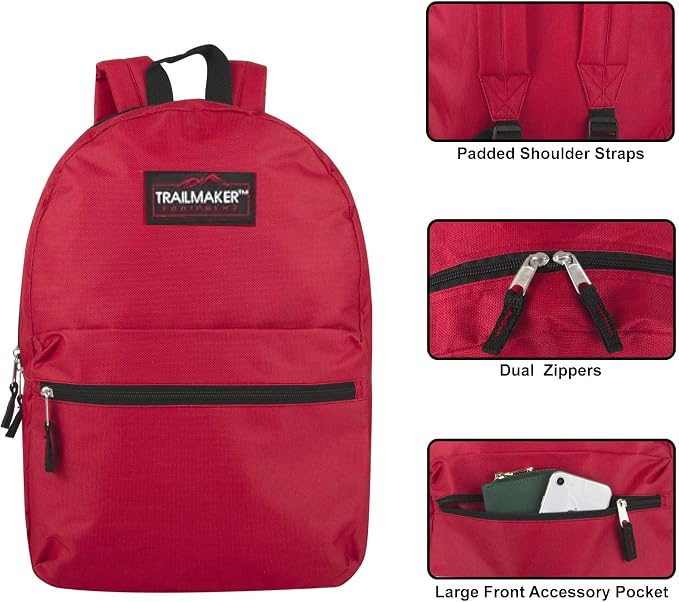 Trail maker 24 Pack- Classic 17 Inch Backpacks in Bulk Wholesale Back Packs for Boys and Girls (Assorted 12 Colors Pack)
