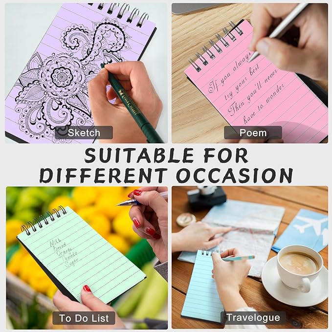 Tenceur 5 Pcs Pocket Notebook Small 3x5 Inch Black Cover 5 Color Pages Top Spiral Notepads Bound Notebook with Lined 120 Pages Mini Memo Pads for Office College Nurse Essentials Back to School Gift