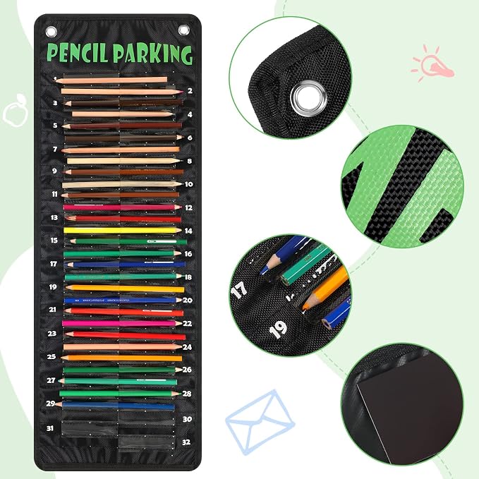 Sabary Pencil Parking Pocket for Classroom,Hanging Pencil Holder Wall Organization Numbered pencils Dispenser with Magnetic Strip Grommets for Back to School Student Essentials(Basic)