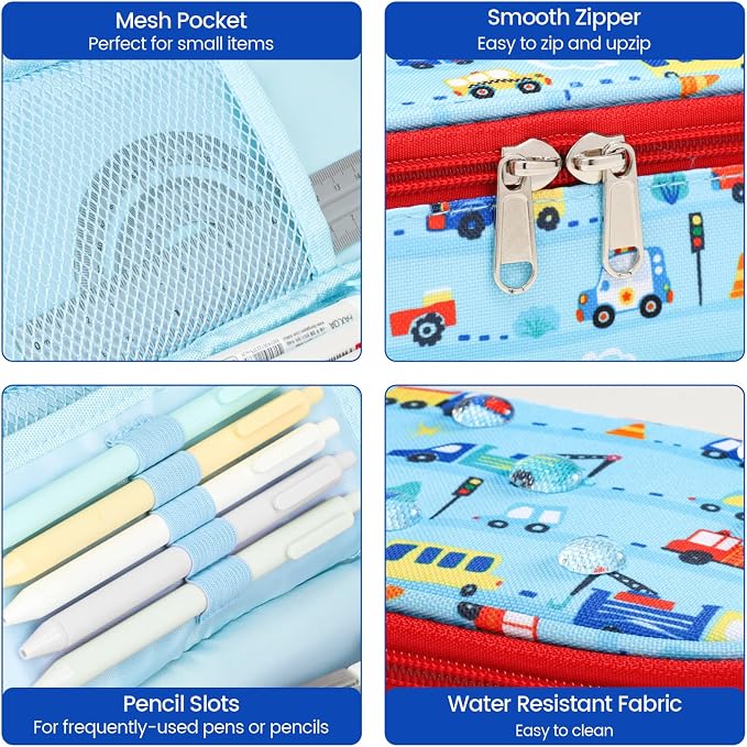 Cambond Cute Pencil Case for Boys - School Pencil Pouch Kids, Blue Cars | Pencil Case for Kids Big Capacity Organizer Bag for Staionary, Aesthetic School Supplies Boys,Water-Resistent Pen Bag