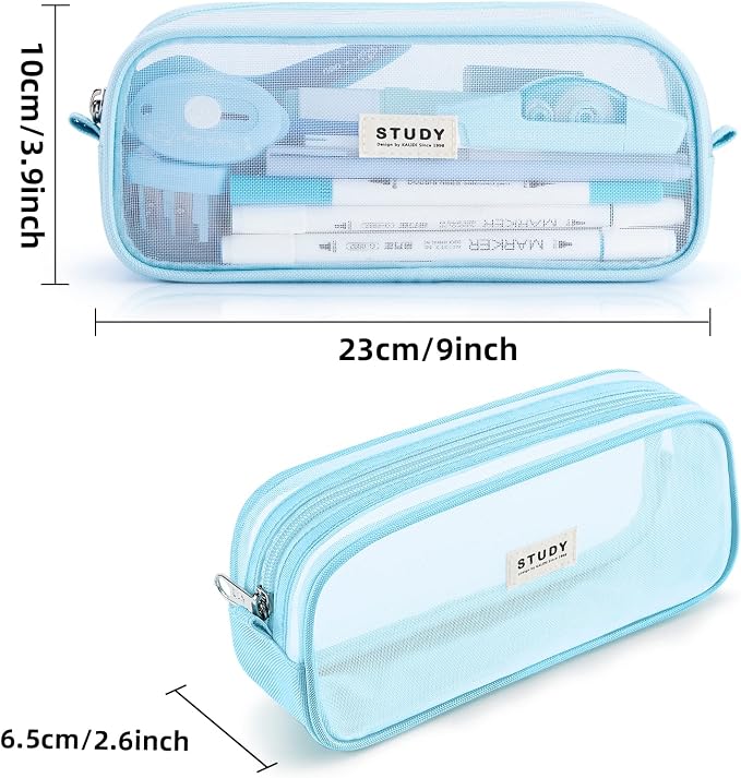 Grid Mesh Pencil Case Pouch Large Capacity Pencil Bag with Zipper | Big Pencil Pouch Blue Simple Stationery Bag Aesthetic Pen Bag for School Teen Girl Boy Multi-Purpose Bag for Office Men Women