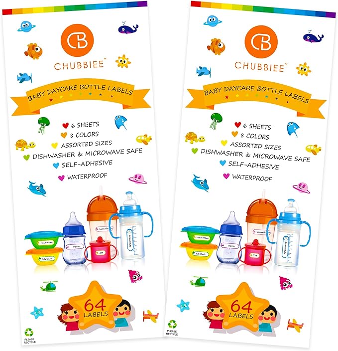 Baby Bottle & Daycare Name Labels, Self-Laminating Waterproof Stickers for Kids Stuff, Dishwasher Safe Write-On Name Tags for School & Home, Assorted Sizes & Colors, Pack of 128 (Rainbow Set of 2)