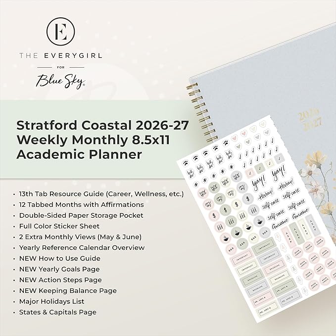 Blue Sky The Everygirl 2026-2027 Weekly and Monthly Academic Year Planner Calendar, July 2026 - June 2027, 8.5" x 11", Flexible Cover, Wirebound, Laminated Tabs, Storage Pocket, Includes Stickers, Stratford Coastal