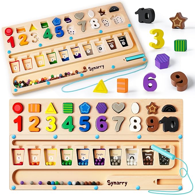 SYNARRY 3 in 1 Montessori Toys for 3+ Year Old, Educational Magnetic Color and Number Maze, Shape & Number Wooden Puzzle Counting Learning Toys, Easter Basket Stuffers Gifts for Kids