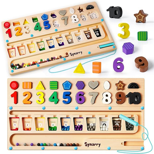 SYNARRY 3 in 1 Montessori Toys for 3+ Year Old, Educational Magnetic Color and Number Maze, Shape & Number Wooden Puzzle Counting Learning Toys, Easter Basket Stuffers Gifts for Kids