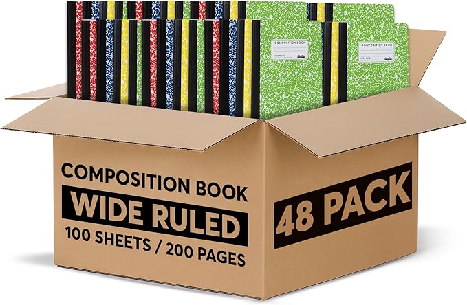 Wide Ruled Composition Notebook, Bulk, Wide Ruled Composition Note Book, Wide Rule Notebook Paper -9-3/4 x 7-1/2” - 100 Sheets (200 Pages) - Durable Marble Cover, Assorted Colors - (Bulk Buy - 48 Pack)