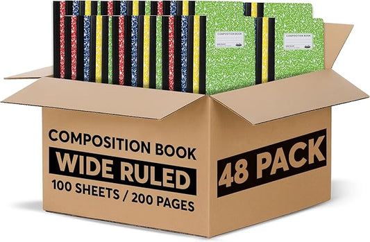 Wide Ruled Composition Notebook, Bulk, Wide Ruled Composition Note Book, Wide Rule Notebook Paper -9-3/4 x 7-1/2” - 100 Sheets (200 Pages) - Durable Marble Cover, Assorted Colors - (Bulk Buy - 48 Pack)