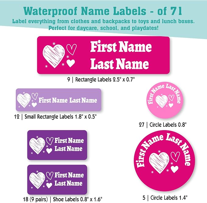 Personalized Daycare Name Labels for Kids (71 Labels) - Custom Durable Waterproof Name Stickers for Clothing Tags, Water Bottles, Lunch Boxes, and School Supplies - Dishwasher, Washer