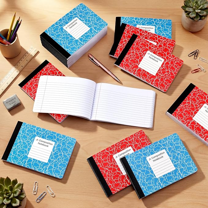 Resurhang 24 Pcs Jr. Composition Notebooks Colored Marble Half Size 4-7/8 x 7-1/2 Inches Composition Notebook 80 Sheet Marble Wide Ruled Assorted Primary Cover Notepad Bulk (Red Blue)
