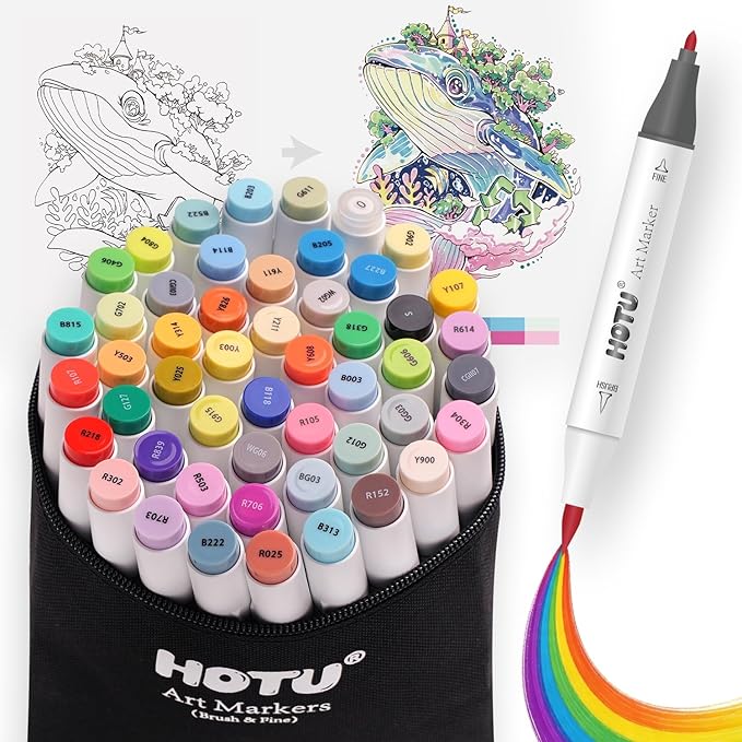 HOTU 50 Colors Alcohol Markers Brush Tip and Fine - Dual Tip Art Marker Set for Artists Adults Coloring, Sketching - Professional Alcohol Based Markers with Bleed-prevention Pad & 4 Coloring Cards