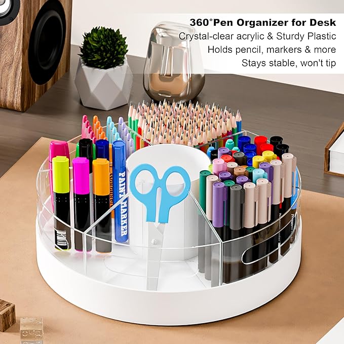 CraftGenes Rotating Pencil Organizer for Desk, 360 Smooth Spinning Marker Organizer, Clear Acrylic Pen Holder, Art Supply Storage & Lazy Susan Desktop Caddy for Kids, School, Office & Craft Room