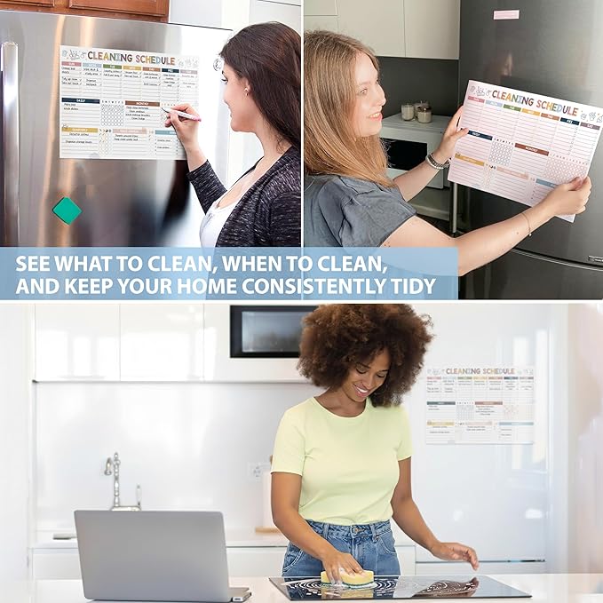 Magnetic Cleaning Schedule and Checklist Dry Erase Board - Reusable Cleaning Schedule for Home, Kitchen & Bathroom | Weekly & Monthly Chore Chart for Adults, Strong Magnet, Easy Erase