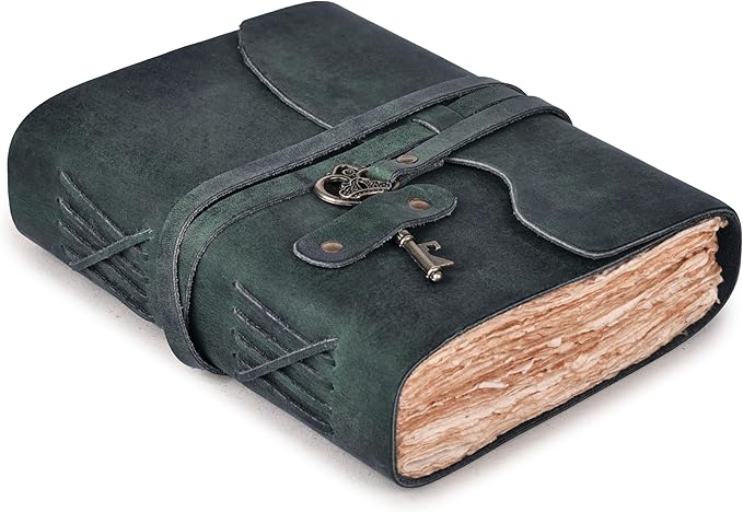 LEATHER VILLAGE Vintage Leather Journal – 200 Handmade Vintage Deckle Edge Paper – Leather bound Journal For Women Men – Vintage Key Closure - Book of Shadows - Turquoise - 13X8 inches