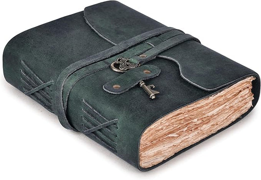 LEATHER VILLAGE Vintage Leather Journal – 200 Handmade Vintage Deckle Edge Paper – Leather bound Journal For Women Men – Vintage Key Closure - Book of Shadows - Turquoise - 6X4 inches (A6)