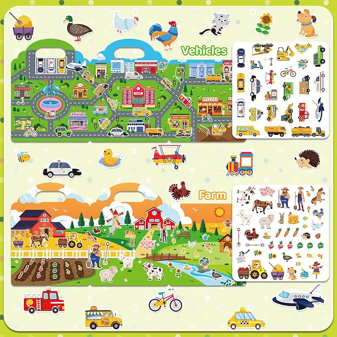 Jelly Sticker Books for Toddlers 2-4 Years, 4 Sets Reusable Sticker Books for Toddlers 1-3, Travel Toys Stickers Activity Book for Ages 2 3 4 5 6 Boy Girl Birthday Gifts (4Sets-Collection 2)