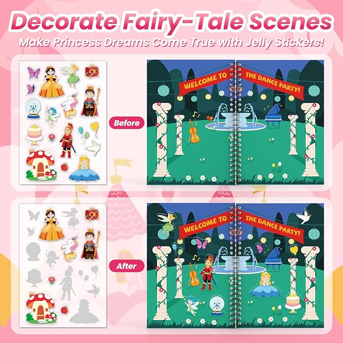Princess Reusable Sticker Book for Toddlers, DIY Princess Accessories Fun Jelly Stickers, Washable Puffy Stickers for Kids Toys, Airplane Road Trip Travel Activities Essentials for Kids 3 4 5 Years