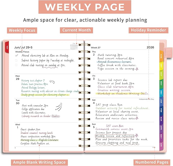 EMSHOI Academic Planner 2026-2027, Weekly and Monthly Calendar (July 2026 - June 2027), School Student Teacher Agenda Book, 100GSM Paper, PVC Cover, Colorful Tabs, A5 (6.38" x 8.35"), Pink