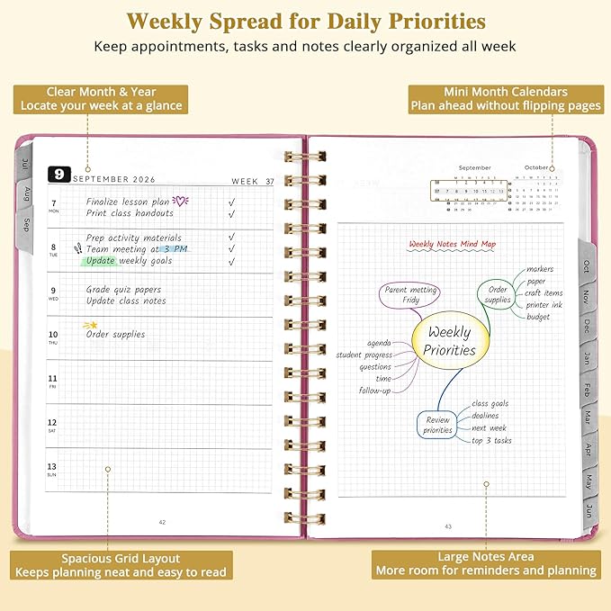 JoyCat 13-Month Academic Planner 2026-2027, June 2026 - June 2027, A5 Weekly & Monthly Planner, Hardcover Agenda with Tabs, 5 Sticker Sheets, Elastic Closure & Pocket for Teachers & Students, 6.3" x 8.5", Pink