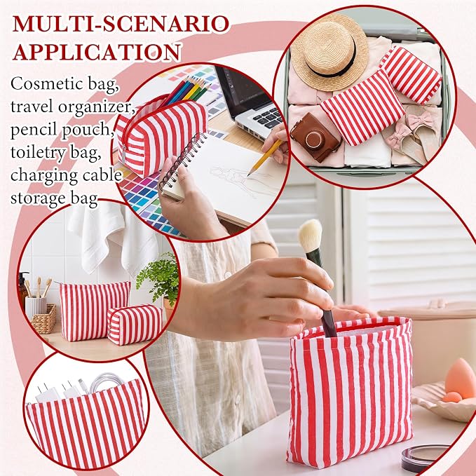 Huhumy 2 Pcs Makeup Bag Set for Women, Red, Wide Striped Seersucker | Cute Cosmetic Pouch Women Travel Toiletry Bag Preppy Small Makeup Purse Pouch Aesthetic Skincare Brushes Storage Organizer