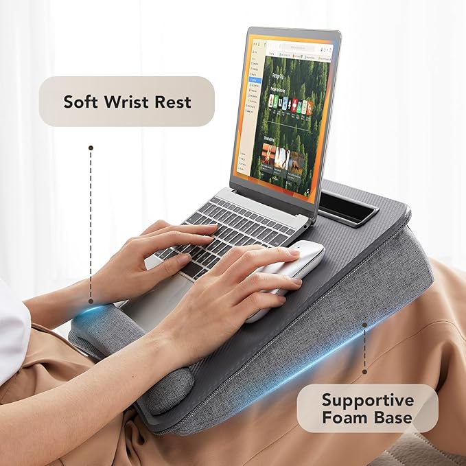 HUANUO Laptop Lap Desk - Portable Lap Desk with Pillow Cushion, Fits up to 15.6 inch Laptop, with Anti-Slip Strip & Storage Function for Home Office Students Use as Computer Laptop Stand - Grey