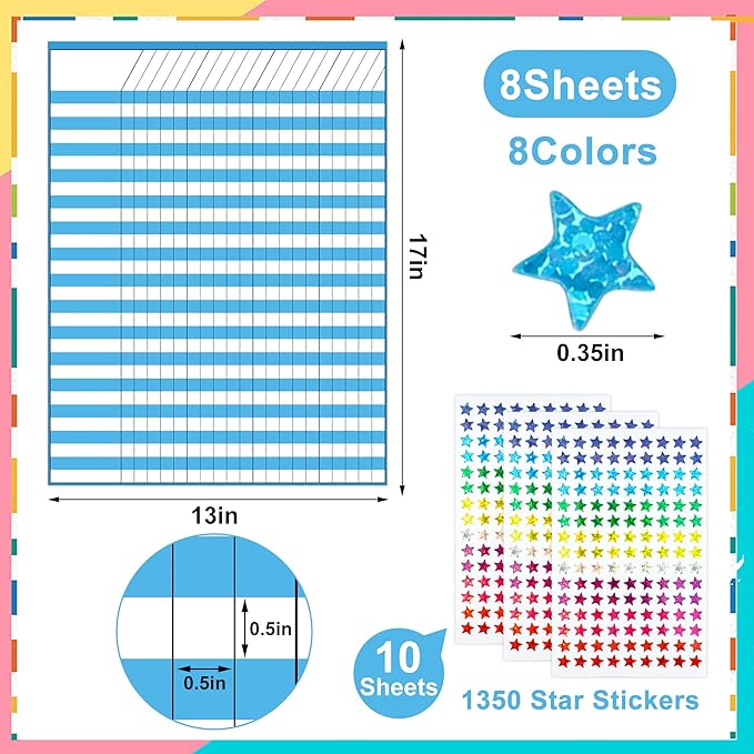 8 Pack Colorful Dry Erase Incentive Chart Multi-Color Classroom Laminated Dry Erase Reward Chore Charts with 1350 Reward Star Stickers for School Attendance Homework Progress Tracking, 13" x 17"